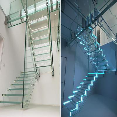 China Custom design modern crystal tempered glass and stainless steel led stair cases handrail balustrade light railing with tread set cost for sale