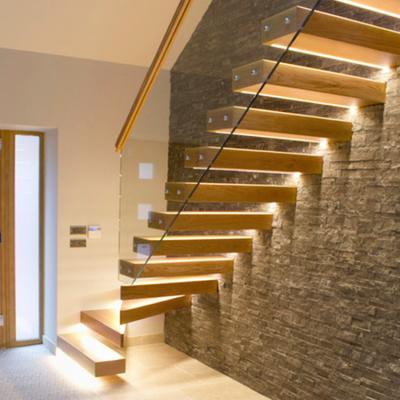 China Modern concealed straight floating beam stairs design with integrated lighting and with tempered glass balustrade frameless balustrade system for sale