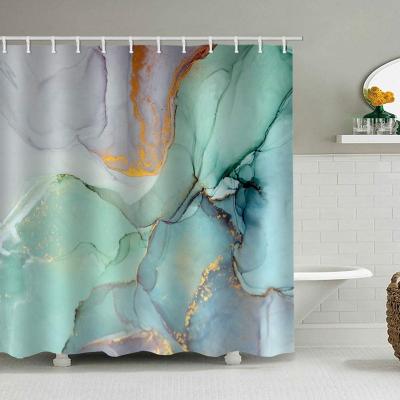 China Sustainable Colorful Marble Shower Curtains For Bathroom With 12 Hooks Watercolor Abstract Ink Paints Texture Blue Green Shower Curtain for sale