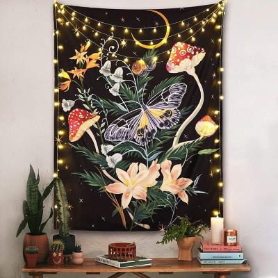 China Simple Psychedelic Tapestry Wall Hanging, Moon and Stars Floral Tapestry Mushroom Butterfly and Flower Tapestry for sale