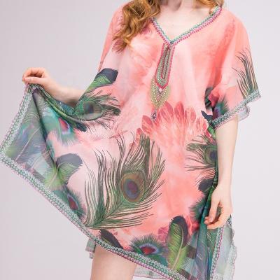 China Summer Women Breathable Swimsuit Bikini Beach Cover Ups Elegant Printed Chiffon Dress Beach Kaftans for sale