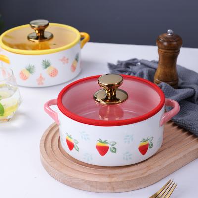 China Japanese Style Viable Large Capacity Tableware With Glass Lid Rice Soup Pot Household Dormitory Instant Noodle Ceramic Baked Bowl for sale