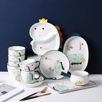 China Viable Cartoon Ceramic Luster Dinnerware Cup Household Restaurant Colorful Set Dish Cute Dinosaur Children's Dinner Dish Dinnerware Set for sale