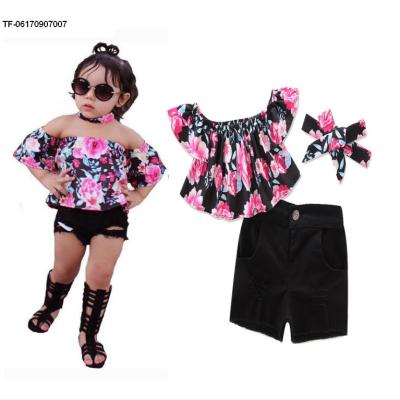 China 3pcs Cotton Kids Girls Fashion Clothes Set Floral Off The Shoulder Blouse+Shorts+Headbands Clothes for sale