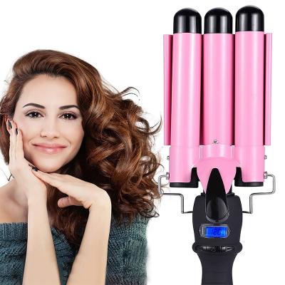 China Amazon Dual Voltage Temperature 3 Barrel Curling Crazy Hot Wand Home Adjustable Iron And LCD Display Hair Curler for sale