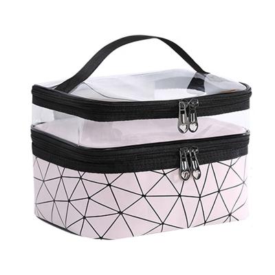 China Pink Transparent Small PU Label Fashion PVC Travel Makeup PVC Toiletry Cosmetic Bag for sale