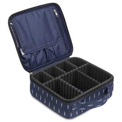 China Cosmetic Organizer Travel Navy Blue Nylon Cosmetic Bag Makeup Storage Organizer Storage Case with Removable Dividers for sale