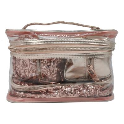 China OEM Clear Waterproof Makeup Bag Set Silkscreen Custom Rose Gold Rose Gold Unique Glitter Custom Logo PVC Makeup Bag Sequined Cosmetic Organizer 4 in 1 for sale