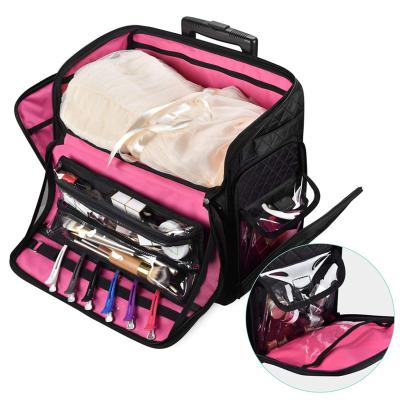 China Diamond Pattern Black Rolling Makeup Cosmetic Case Trolley Bag Nylon Travel Storage Organizer for sale