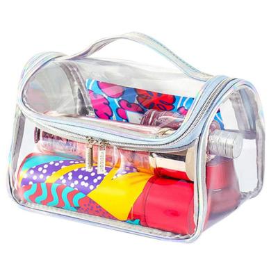 China Waterproof Plastic Makeup Toiletry Bag Travel Bag Transparent Cosmetic Bag Makeup Toiletry Bag With Holographic Tether for sale