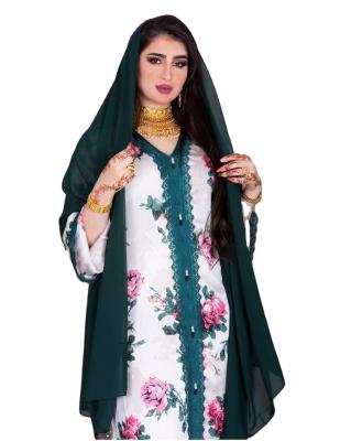 China 2021 Summer Women's New Abaya Floral Embroidered V-Neckline Comfortable Feeling Abaya Muslim Abaya In Dubai Style Women's Long Style New for sale