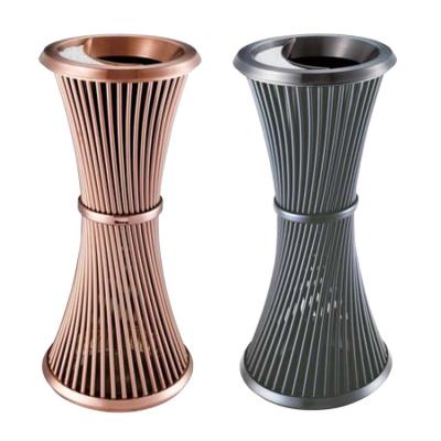 China New Design High Grade Sustainable Honed Ash Barrel Rose Gold Black Hourglass Shape Metal Stainless Steel Trash Can Hotel Hall Rubbish Bin for sale