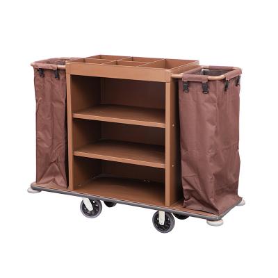 China High End Hotel/Room/Coffee Color Housekeeping Hotel Room Cleaning Trolley 3 Layers Wooden Cleaning Trolley Housekeeping Storage for sale