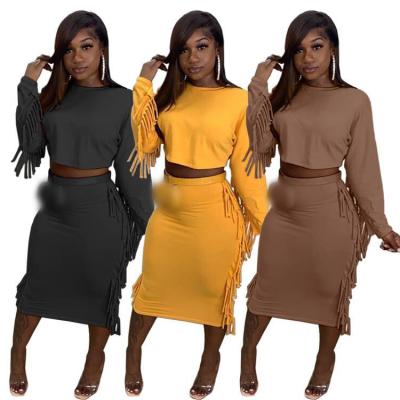 China Sustainable New Women Salon Wear Sets Autumn Fringe Clothing 2 Two Piece Cropped Top Skirt Sets Women Outfits 2021 for sale