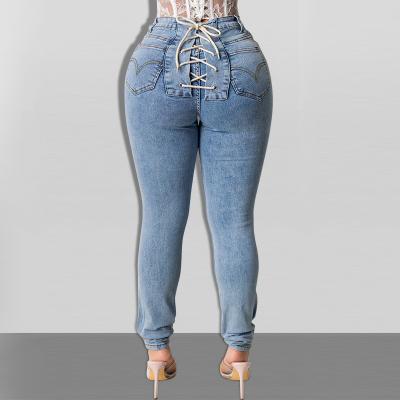 China Mid Waist Denim Pencil Pants Women Fashionable Casual Popular Bandage Patchwork Clothing for sale