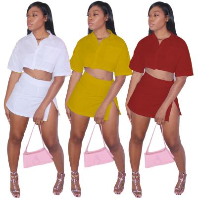 China 2021 Washable Mini Skirts Sets For Women Shorts Pure Sleeve Crop Top Slit Color Summer Blouse And Skirt for sale