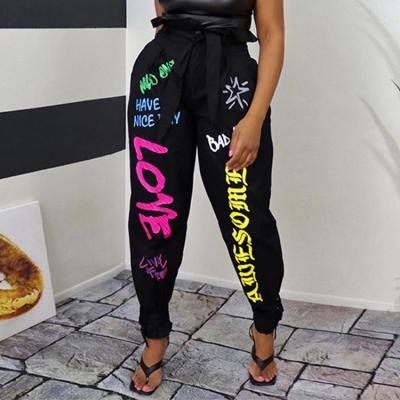 China Viable Stylish Letter Printed Casual Ladies Ruffled Pants With Belt Mid Waist Loose Trousers For Women for sale