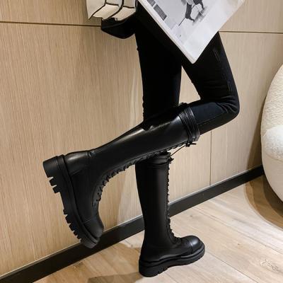 China Fashion Trend Women Shoes Streetwear 2021 Leather Zipper Lace Up Shoes Fashion Mid Calf Motorcycle Biker Boots for sale