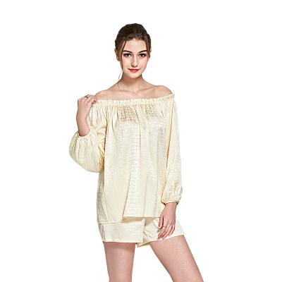 China QUICK DRY Silk Jacquard Crocodile Pattern Stretch Off The Shoulder Shirt And Short Bottom Pajamas Set for sale