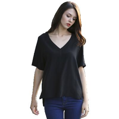 China Custom Made Women Black Breathable Lady Short Sleeve Real Silk Shirts Tops Silk Blouse for sale