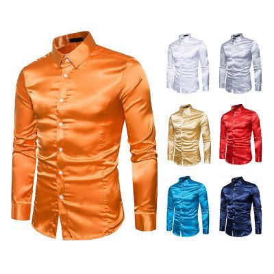 China Wholesale European Men's Long Size Casual Fashion High Quality Anti-pilling Shirt Collar Button Sleeve Lapel Shiny Slim Shirt for sale