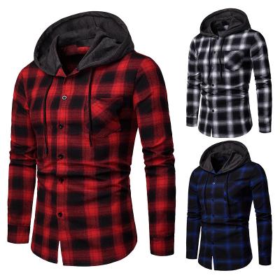 China Good Quality Anti-pilling Men's Business Spring Autumn Plaid Hooded Long Sleeve Shirt Logo Printing Oversize Plaid Shirt for sale