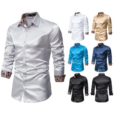 China 2022 Wholesale Fashion Mens Satin Slim Fit Shirt Slim Fit Men's Casual Long Sleeve Button-Up Shirt for sale