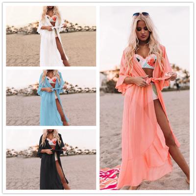 China CD-06 2021 fashion beach bikini anti-static cover up for women summer vacation sunpoof long dress simple chiffon drawstring cardigan ladies for sale