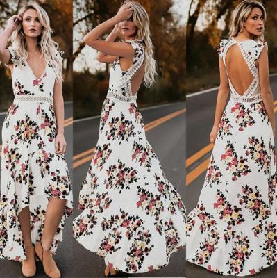 China DR-021 boutique anti-static hot selling lace decorated long hollow backless flare dress for women summer boutique dresses for sale