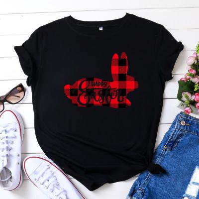 China TS-128 Anti-Pilling Latest Easter Shirts Designs For Women Short Sleeve T-Shirts With Plaid Rabbit And Words Print Custom Logo Easter Shirts for sale