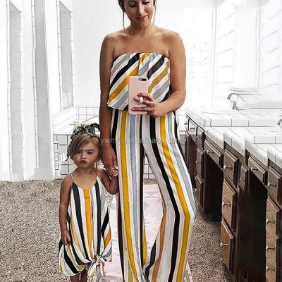 China MA-001 2019 hot selling cute Bohemian print off the shoulder ruffle romper wholesale mommy and me wide bottom jumpsuit pants for sale