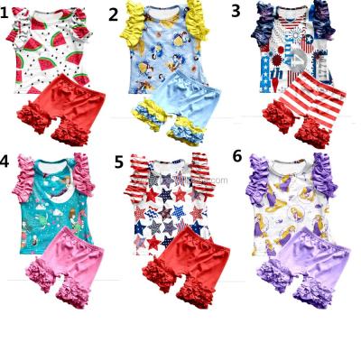 China MY-003 fashion summer casual boutique baby ruffle shorts outfits matching princess print pearl children's clothing top wholesale girls for sale