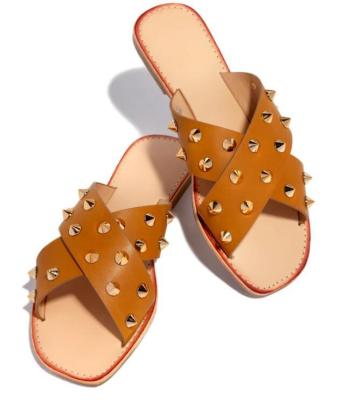 China New 2020 LX-017 style Anti-slippery punk sandals rivet PU strap decorated leather cross slippers fail sandals for women summer casual shoes for sale