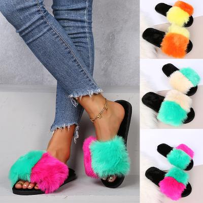 China Sale FL-129 Lovely Fur Pompom Warm Cross Strap Anti-Slippery Open Toe Slipper For Home Outdoor Color Women Sandals Warm Slipper Patchwork for sale