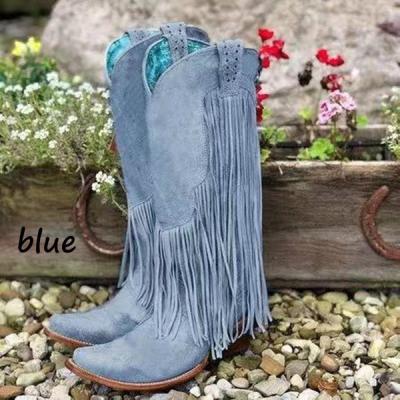 China New Fashion BT-896 Vintage High Heel Chunky Suede Anti-Slippery Tassels High Leather Boots For Women Fall Winter PU Knee Length Leather Boots for sale