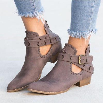 China BT-895 Anti-slippery women's fall shoes 2021 V-mouth heel holes female boots toehollow acute low buckle bulky slip-on ankle boots for sale