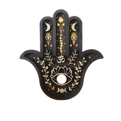 China Wholesale Wooden Storage Shelves Hamsa Hand Wall Art Carving Home Decor for sale