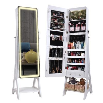 China Full Page Mirror Jewelry Cabinet With LED Light Floor Standing Mirror Jewelry Storage Box White Wall Hanging Organizer for sale