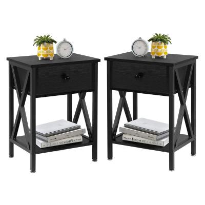 China With Drawer Amazon Top Sale Bedroom Furniture Metal Frame Bedside Nightstand Bedroom Wood Side Top Black Table for sale