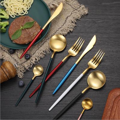 China Hot Sale Stainless Steel Tableware Stocked Knife And Fork Spoon Set In Box Travel Cutlery Set 4 Pieces Suit Gold Plated for sale