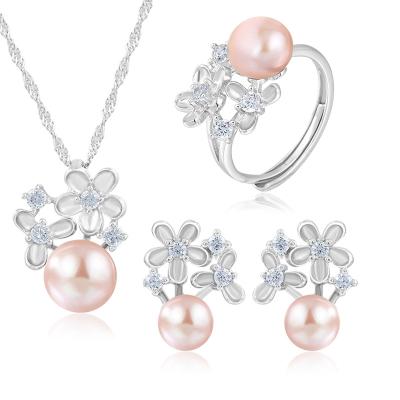 China Environmental Friendly Promotional Pink Zircon Flower Pink Freshwater Pearl 925 Silver Pendant Jewelry Set for sale