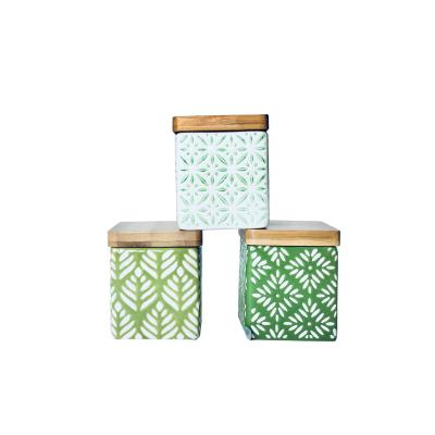 China Sustainable Mini Size Square Shape Ceramic Canister With Airtight Seal Bamboo Lid for sale