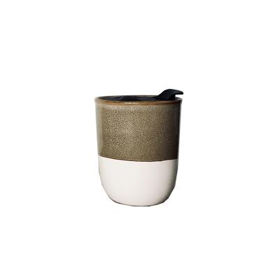 China Modern Design Durable 7oz Ceramic Travel Coffee Mugs With Plastic Lid With Close And Open Switch for sale