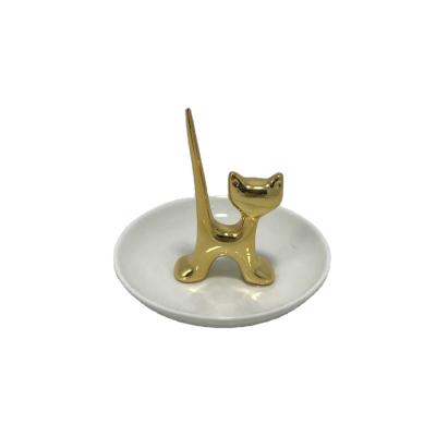 China Porcelain Round Cat Gold Thin Layer Ceramic Necklace Display Tray Jewelry Dish for sale