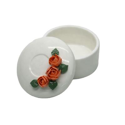 China White Ceramic Jewelery Storage Jewelry Packing Box With Pink Flower Lid for sale