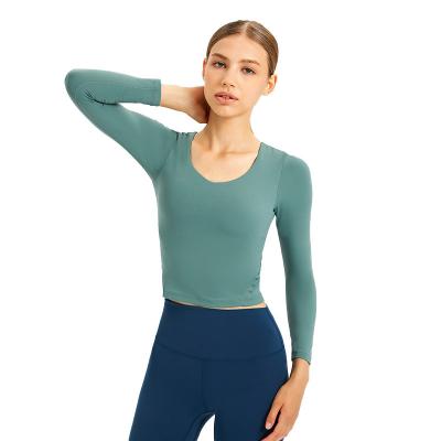 China 2021 New Breathable Sports Long Sleeves Top With Chest Pad Womens Fitness Clothing Cross Gym Yoga Running Wear for sale