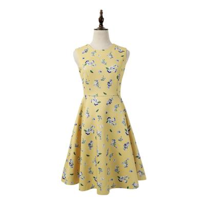 China 2021Lidong Viable Floral Print Sleeveless Yellow A-Line Women Fall Knee Length Summer Stretching Dress for sale