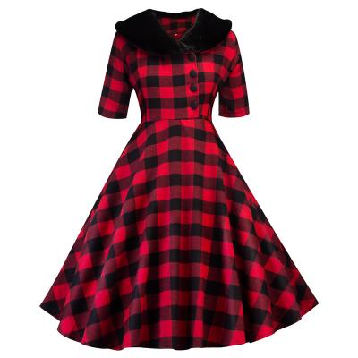 China Anti-Wrinkle OEM Accepted Custom Made Red Pattern High Waist Half Sleeve Fur Collar Checks Woven Dress Maxi Retro For Women for sale