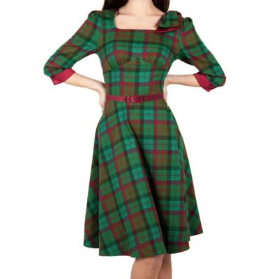 China Anti-Wrinkle Christmas Three Quarter Sleeve Green And Red Plaid Puffy Midi Line One Vintage Dresses Retro 1950s 60s For Women Clothes for sale