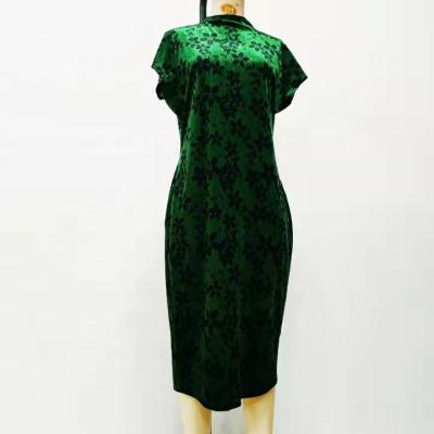 China Mock Viable High End Floral Print Evening Midi Velvet Pencil Knee Length Green Velvet Dress Luxurious For Elegant Women for sale